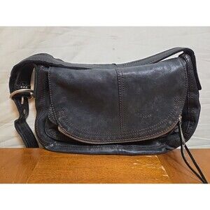 LUCKY BRAND Black Leather "Modesto Stash" Flap Closure Saddle Crossbody Hobo Bag